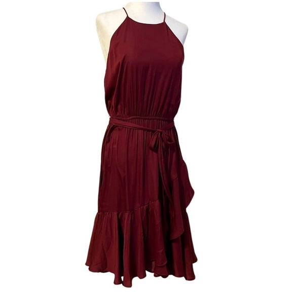LOFT Garnet Red Flounce Midi Halter Dress Size Medium - Picture 1 of 16